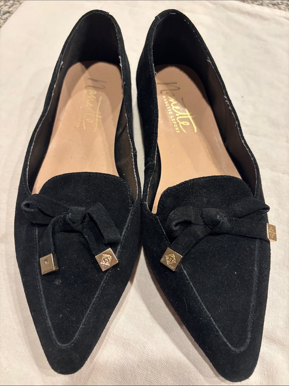 Nanette Lepore Black Suede Pointed Toe Loafers with Gold Accents